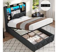 Brinlawb Lit Coffre 90x200 cm avec Éclairage LED et Multiprise, Tête de Lit Capitonnée avec Rangement Caché et Étagères Ouvertes, Lit 90x200 avec Sommier, Système Hydraulique, Lit 1 Personne, Gris