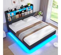 Brinlawb Lit Flottant 140x190 cm avec Dossier Rembourré pour la tête de lit et Rangement Caché, Lit 140x190 avec Sommier avec Éclairage LED et Multiprise (2 Prises AC, 1 USB-A et 1 USB-C) Lin Gris