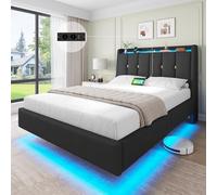 Brinlawb Lit Flottant 140x200 cm avec Dossier Confortable Incliné Rembourré et Rangement Caché, Lit 140x200 avec Sommier avec Éclairage LED et Multiprise (2 Prises AC, 1 USB-A et 1 USB-C) Lin Gris