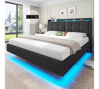 Brinlawb Lit Flottant 160x200 cm avec Dossier Confortable Incliné Rembourré et Rangement Caché, Lit 160x200 avec Sommier avec Éclairage LED et Multiprise (2 Prises AC, 1 USB-A et 1 USB-C) Lin Gris