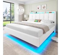Brinlawb Lit Flottant 180x200 cm avec Dossier Confortable Incliné Rembourré et Rangement Caché, Lit 180x200 avec Sommier avec Éclairage LED et Multiprise (2 Prises AC, 1 USB-A, 1 USB-C) Velours Blanc