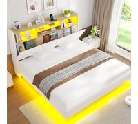 Brinlawb Lit Flottant 180x200 cm avec Dossier Rembourré pour la tête de lit et Rangement Caché, Lit 180x200 avec Sommier avec Éclairage LED et Multiprise (2 Prises AC, 1 USB-A, 1 USB-C) Lin Blanc