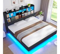 Brinlawb Lit Flottant 180x200 cm avec Dossier Rembourré pour la tête de lit et Rangement Caché, Lit 180x200 avec Sommier avec Éclairage LED et Multiprise (2 Prises AC, 1 USB-A et 1 USB-C) Lin Gris