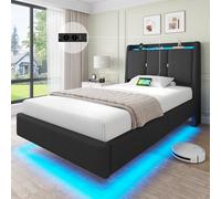 Brinlawb Lit Flottant 90x200 cm avec Dossier Confortable Incliné Rembourré et Rangement Caché, Lit 90x200 cm, Lit 1 Personne avec Éclairage LED et Multiprise (2 Prises AC, 1 USB-A, 1 USB-C) Lin Gris