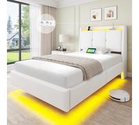 Brinlawb Lit Flottant 90x200 cm avec Dossier Confortable Incliné Rembourré et Rangement Caché, Lit 90x200, Lit 1 Personne avec Éclairage LED et Multiprise (2 Prises AC, 1 USB-A, 1 USB-C) Velours Blanc