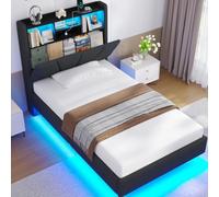 Brinlawb Lit Flottant 90x200 cm avec Dossier Rembourré pour la tête de lit et Rangement Caché, Lit 90x200 cm, Lit 1 Personne avec Éclairage LED et Multiprise (2 Prises AC, 1 USB-A, 1 USB-C) Lin Gris