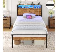 Brinlawb Structure de lit simple 90 x 200 cm avec tête de lit en bois travaillé et espace de rangement caché, lit simple avec lumière LED et station de charge (2 prises CA 2 ports USB) marron vintage
