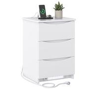 Brinlawb Table de Chevet Blanche avec lumières LED et Multiprise (2 Prises CA, 2 Ports USB) Table de Nuit Blanche avec 3 Tiroirs pour Salon, Chambre, Bureau, Montage Facile, 37x42x60 cm, Moderne Blanc