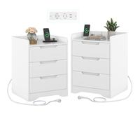 Brinlawb Table de Chevet Lot de 2 avec Multiprise (2 Prises CA, 2 Ports USB) Table de Nuit Lot de 2 avec 3 Tiroirs et 3 Clôtures Latéraux, Montage Facile, pour Salon, Chambre, Bureau, Moderne, Blanc