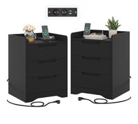 Brinlawb Table de Chevet Lot de 2 avec Multiprise (2 Prises CA, 2 Ports USB) Table de Nuit Lot de 2 avec 3 Tiroirs et 3 Clôtures Latéraux, Montage Facile, pour Salon, Chambre, Bureau, Moderne, Noir