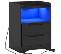 Brinlawb Table de Chevet Noir avec lumières LED et Multiprise (2 Prises CA, 2 Ports USB) Table de Nuit avec 1 Compartiment Ouvert et 2 Tiroirs pour Salon, Chambre, Bureau, Montage facile, Moderne Noir
