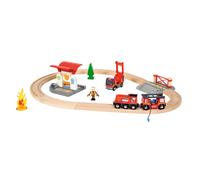 BRIO World - 33815 - Circuit Action Pompier - Coffret Complet de 18 pièces avec Camion Son et lumière - Circuit de Train en Bois - Jouet Mixte à partir de 3 Ans