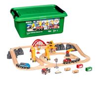Brio Circuit de train en bois Cargo Railway 33097 – Coffret 54 pièces, 3 grues, boîte de rangement