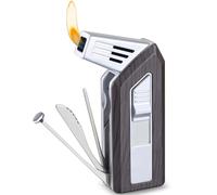 Briquet à Cigare avec Coupe-Cigare, Aiguille et Tige de Pression, Briquet Torche 3 en 1 Rechargeable au Butane, for Les Cadeaux de Noël et de la fête des pères(Gray)