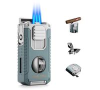 Briquet à Cigare Multifonction 5 en 1 avec Coupe Cigare en V, poinçon, Aiguilles, Porte-Cigare Le Support, Briquet Butane à Triple Jet de Flamme, sans Gaz (Vert)