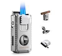 Briquet à Cigare Multifonction 5 en 1 avec Coupe Cigare en V, poinçon, Aiguilles, Porte-Cigare Le Support, Briquet Butane à Triple Jet de Flamme, sans Gaz (Argenté)