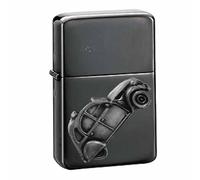 Briquet à essence avec motif voiture française classique 2 CV effet étain sur un couvercle à rabat, résistant au vent, rechargeable, noir