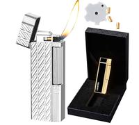 Briquet à flamme douce 【Briquets + Coffret cadeau + Accessoires à flamme réglable + Pierre à feu】, Briquet au butane Roue à glissement latérale en métal Briquet classique à allumage vertical(Silver)