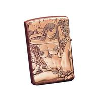 Briquet à kérosène en cuivre pur sculpté à la main - meule à l'ancienne, briquets en laiton à flamme douce coupe-vent, carburant à huile rechargeable, cadeau de collection for hommes(Red Brass)