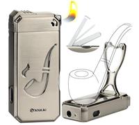 Briquet à tube avec support de tuyau, outils de nettoyage 3 en 1, briquet butane rechargeable avec flamme douce coudée, briquets à pipe pour fumer (butane non inclus) (argent)