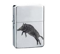Briquet A55 en forme de sanglier avec finition noire en étain anglais sur un briquet argenté chromé résistant au vent rechargeable à l'essence