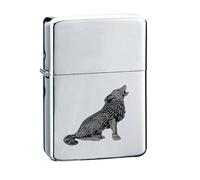 Briquet C18 en forme de loup hurlant finition noire en étain anglais sur un briquet chromé argenté résistant au vent rechargeable à l'essence