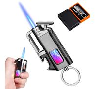 Briquet Chalumeau, CJBIN Briquet Tempete Gaz Rechargeable, Bri-Quet Tempête avec Fenêtre de Visualisation à LED, Décapsuleur et Porte-Clés, Bri-Quet Coupe-Vent pour Papa Ami Masculin Cadeau, sans Gaz