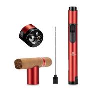 Briquet-Cigare Jet Flamme Multifonction Plus Léger- Poinçon à cigares, Aiguille et Support, Flamme Réglable, Fenêtre à Gaz Transparente, Rechargeable, Boîte Cadeau Incluse, Rouge(sans Gaz)