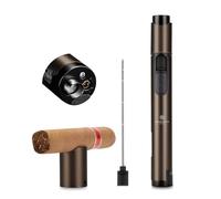 Briquet-Cigare Jet Flamme Multifonction Plus Léger- Poinçon à cigares, Aiguille et Support, Flamme Réglable, Fenêtre à Gaz Transparente, Rechargeable, Boîte Cadeau Incluse, Marron(sans Gaz)
