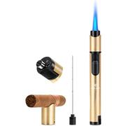 Briquet-Cigare Jet Flamme Multifonction Plus Léger- Poinçon à cigares, Aiguille et Support, Flamme Réglable, Fenêtre à Gaz Transparente, Rechargeable, Boîte Cadeau Incluse, Doré(sans Gaz)