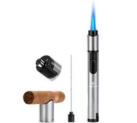 Briquet-Cigare Jet Flamme Multifonction Plus Léger- Poinçon à cigares, Aiguille et Support, Flamme Réglable, Fenêtre à Gaz Transparente, Rechargeable, Boîte Cadeau Incluse, Argenté(sans Gaz)