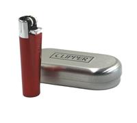 Briquet Clipper Métal Rouge et Argenté - Rechargeable, Durable et Présenté dans un Étui