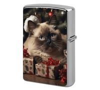 Briquet de Noël en métal avec motif chat siamois - Coupe-vent - Réutilisable - Pour homme - Housse de protection portable double face