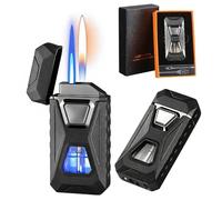 Briquet double flamme à commande vocale : quatre méthodes d'allumage, commutables entre flamme nue et flamme bleue, avec fenêtre transparente, remplissage au butane et coupe-vent.(D)
