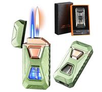 Briquet double flamme à commande vocale : quatre méthodes d'allumage, commutables entre flamme nue et flamme bleue, avec fenêtre transparente, remplissage au butane et coupe-vent.(E)