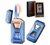 Briquet double flamme à commande vocale : quatre méthodes d'allumage, commutables entre flamme nue et flamme bleue, avec fenêtre transparente, remplissage au butane et coupe-vent.(B)