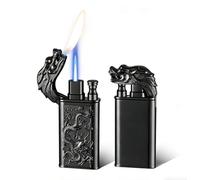 Briquet double flamme en forme de dragon en relief, coupe-vent et réglable, rechargeable au butane, corps en métal portable, adapté aux bougies, au camping et aux cadeaux (sans butane).(Black)