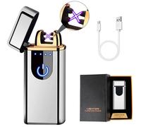 Briquet Électrique, Briquet USB Rechargeable, Briquet Coupe-Vent Double Arc Plasma Commande Tactile Portable,Argenté