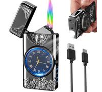 Briquet électrique plasma : arc électrique rechargeable par USB, avec horloge et fonction d'éclairage LED, coupe-vent, indicateur de batterie LED, cadeau pour homme (Aigle)