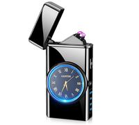 Briquet électronique USB avec fonction d'éclairage LED et horloge - Briquet à double arc électrique USB avec indicateur de batterie - Coupe-vent - Noir