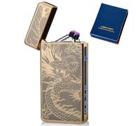 Briquet électronique USB - Briquet à arc électrique USB - Double arc électrique - Avec indicateur de batterie - Coupe-vent - Avec boîte cadeau (dragon doré)