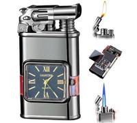 Briquet en métal rechargeable coupe-vent à gaz, briquet coupe-vent rétro avec lunette de montre, briquet torche au butane, nouveau briquet rétro cool 2024 avec fenêtre visible, briquet de camping uniq