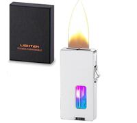 Briquet gaz butane cool extra large flamme douce, secouer pour allumer, fenêtre de visualisation, verrouillage de sécurité, pour bougie cadeau homme (argent)