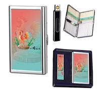 Briquet inclus étui à cigarettes, boîte à cigarettes en métal pouvant contenir 14 à 20 cigarettes, dispositif d'allumage électrique rechargeable par USB, coupe-vent, boîtes cadeau(G)