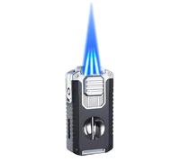Briquet Multifonction à Triple Flamme, Torche 5 en 1 avec Coupe-Cigare, perforateur, Support, briquets Butane Coupe-Vent Portables pour Camping et randonnée (Carburant Non Inclus)(Black)