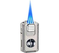 Briquet Multifonction à Triple Flamme, Torche 5 en 1 avec Coupe-Cigare, perforateur, Support, briquets Butane Coupe-Vent Portables pour Camping et randonnée (Carburant Non Inclus)(Silver)