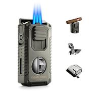 Briquet Tempête, 5 en 1 Triple Jet Flamme Briquets avec Couteau en V, poinçon, Aiguilles pour cigares, Le Support, avec fenêtre de gaz Visible, Boîte Cadeau(sans gaz) (Grise)