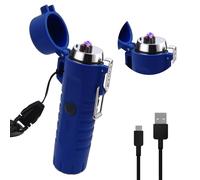 Briquet tempête électrique à Double Arc avec Lampe Torche LED Rechargeable USB, Briquet Plasma sans Flamme avec Cordon pour Camping, randonnée (Bleu)