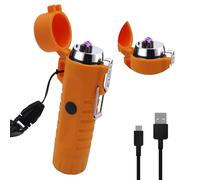 Briquet Tempête Électrique à Double Arc - Lampe de Poche LED Rechargeable USB, Plasma sans Flamme avec Cordon pour Camping, Randonnée (Orange)