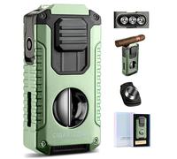 Briquet Torche 3 Flammes Multifonctionnel, résistant au Vent, avec Coupe-Cigare en V, Support et Outil pour améliorer Le tirage, Accessoire Portable pour cigares pour Hommes (sans gaz) (Green)